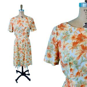 Vintage 1960s Sheath Dress Orange Floral Mid Century Pin Up | W 29"